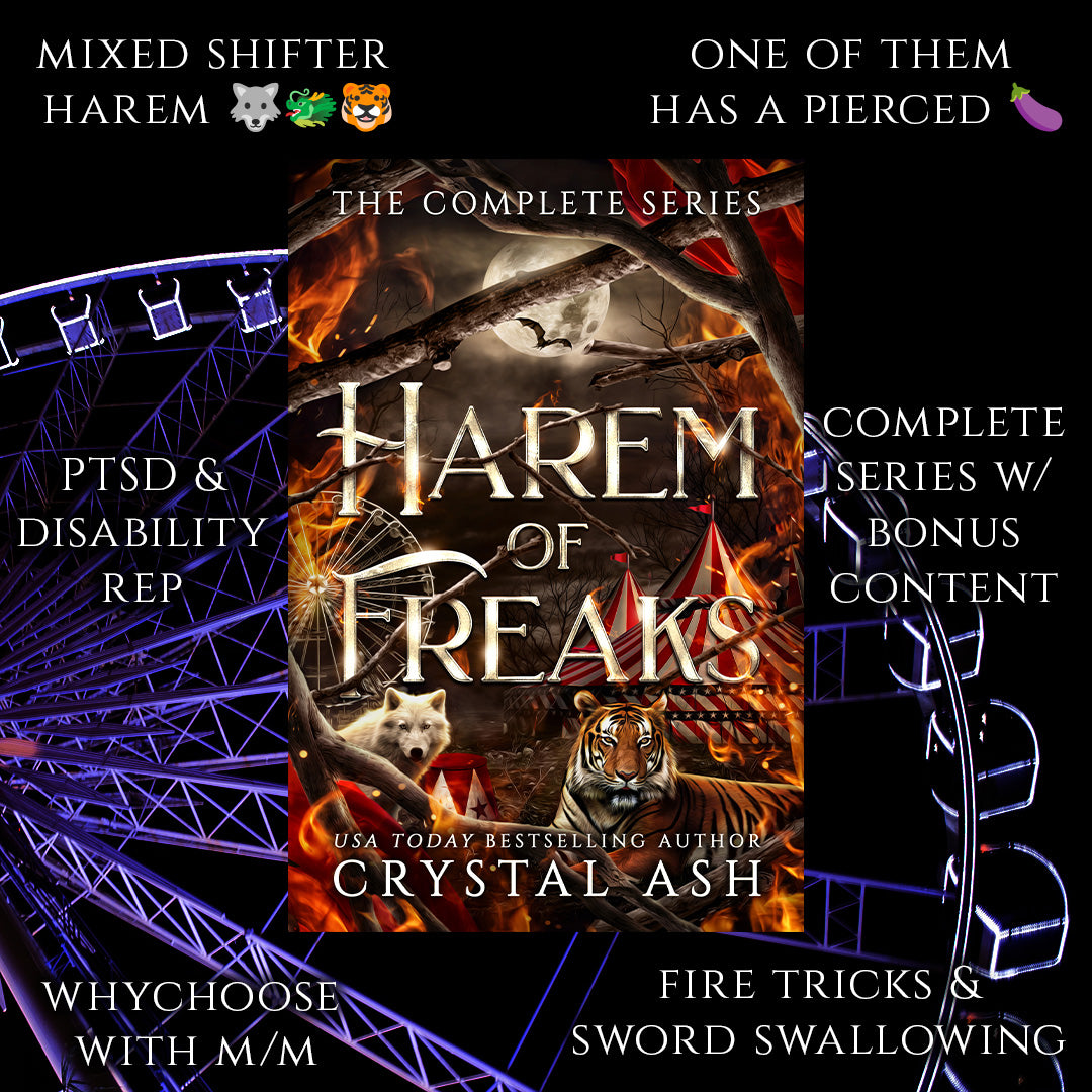 Book cover of 'Harem of Freaks' with promotional text and a Ferris wheel in the background