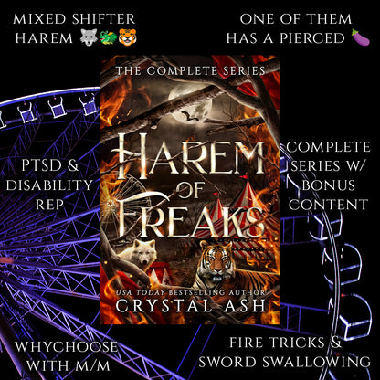 Book cover of 'Harem of Freaks' with promotional text and a Ferris wheel in the background