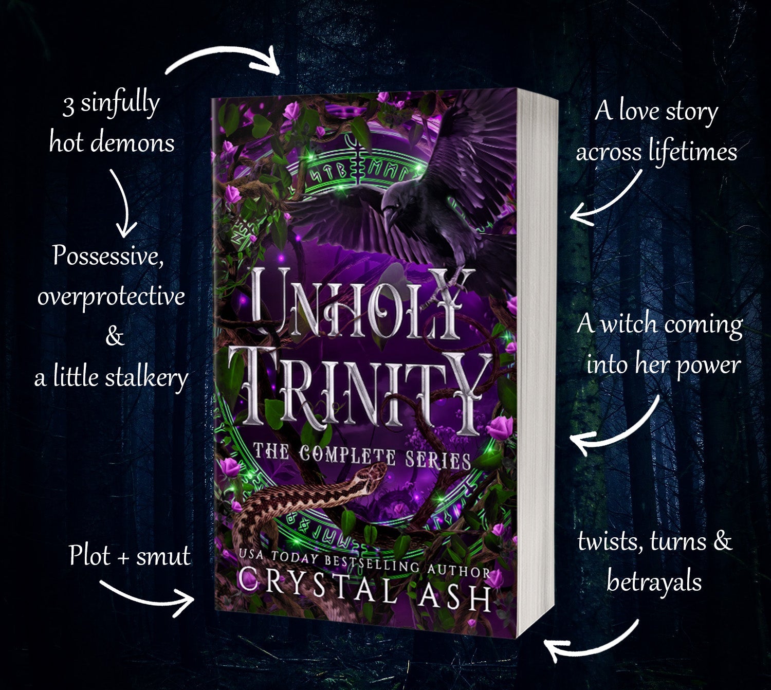 Book cover of 'Unholy Trinity' with promotional text on a dark background
