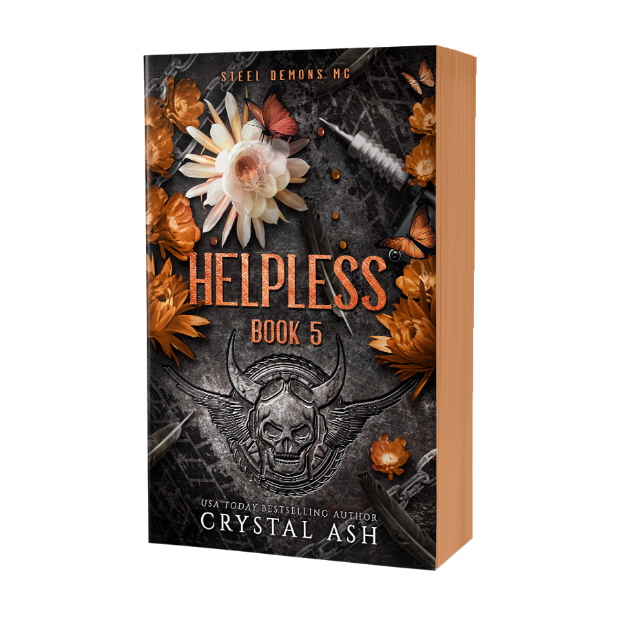 Book cover of 'Helpless Book 5' by Crystal Ash with floral and skull design.