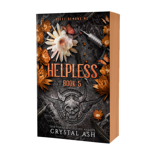 Book cover of 'Helpless Book 5' by Crystal Ash with floral and skull design.