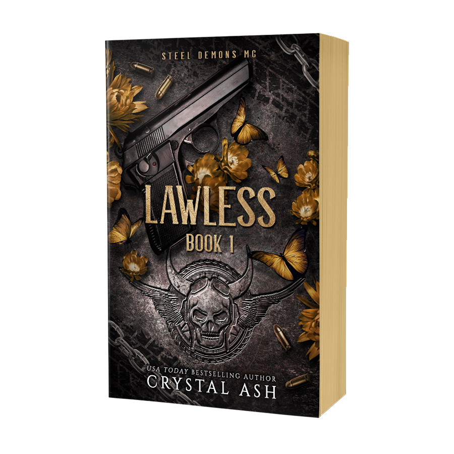 Book cover of 'Lawless Book 1' by Crystal Ash with a gun, skull, and butterfly design on a dark background.