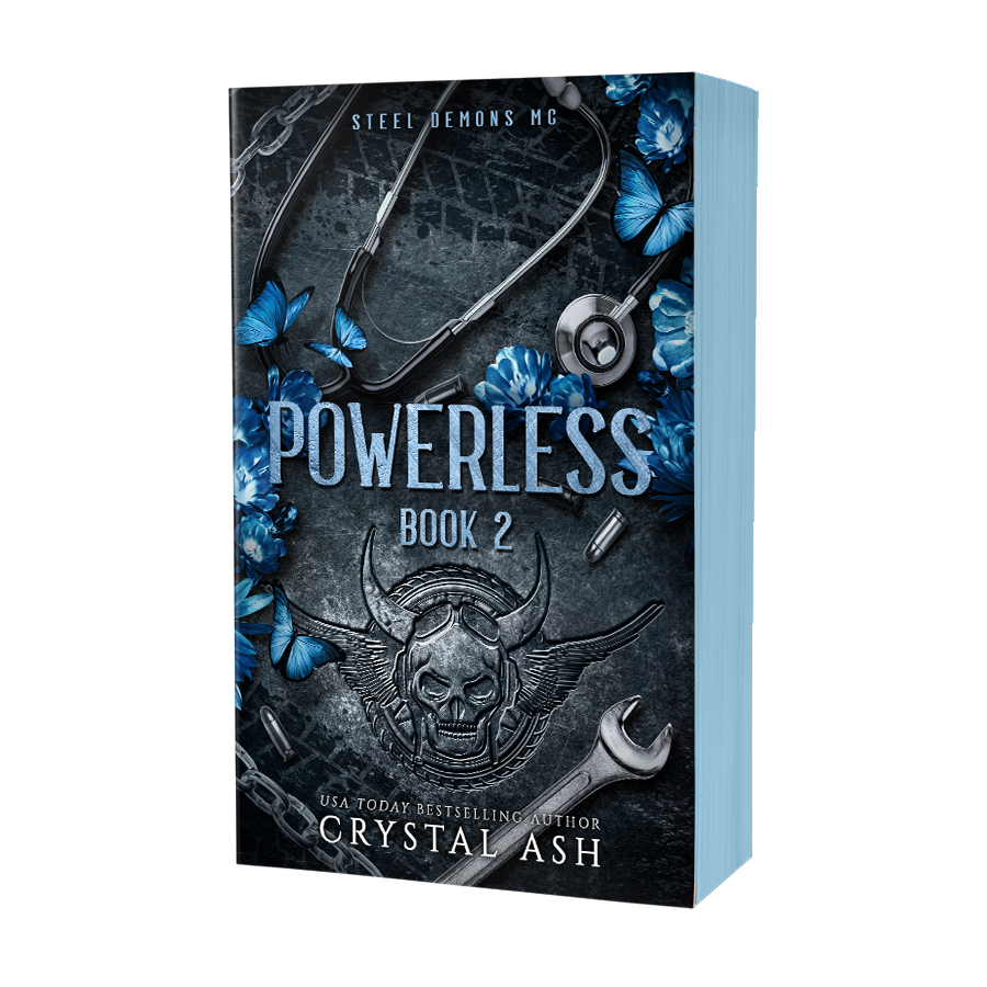 Book cover of 'Powerless Book 2' by Crystal Ash with a stethoscope and skull design.