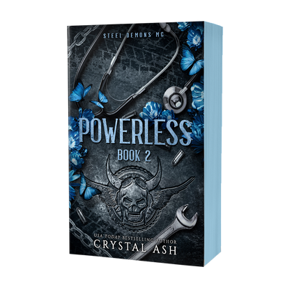 Book cover of 'Powerless Book 2' by Crystal Ash with a stethoscope and skull design.