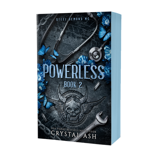 Book cover of 'Powerless Book 2' by Crystal Ash with a stethoscope and skull design.