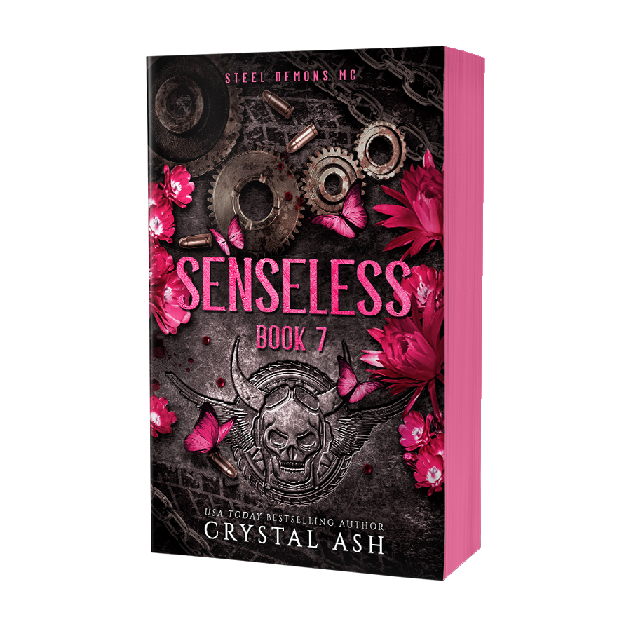 Book cover of 'Senseless Book 7' by Crystal Ash with mechanical elements and pink flowers on a black background.