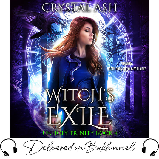 Book cover of 'Witch's Exile' from 'Unholy Trinity' series with a woman against a mystical background.
