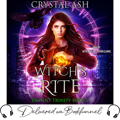 Book cover of 'Witch's Rite' from the Unholy Trinity series with a woman holding a glowing orb.